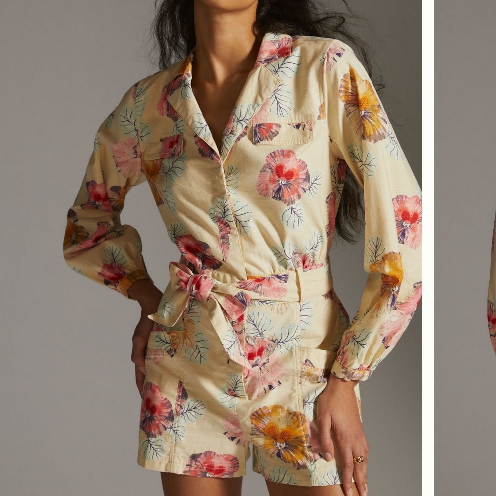 Anthropologie Floral Jumpsuit in Cream and Pink